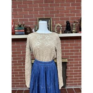 Boho Chic Lace Nude Mesh Top Floral Scalloped Ends M